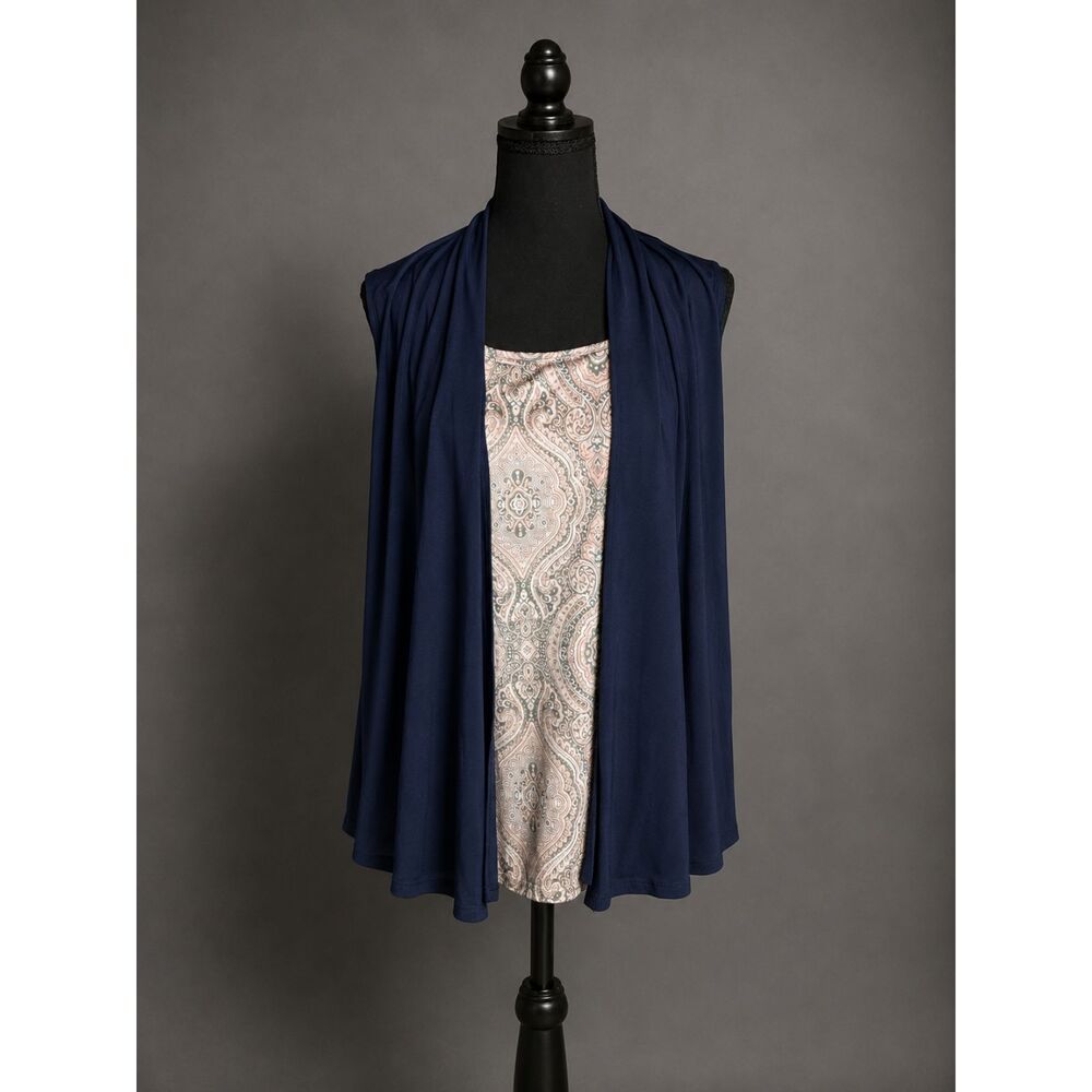 NAÏF Women’s Layered Sleeveless Paisley Top Navy Draped Cardigan Medium